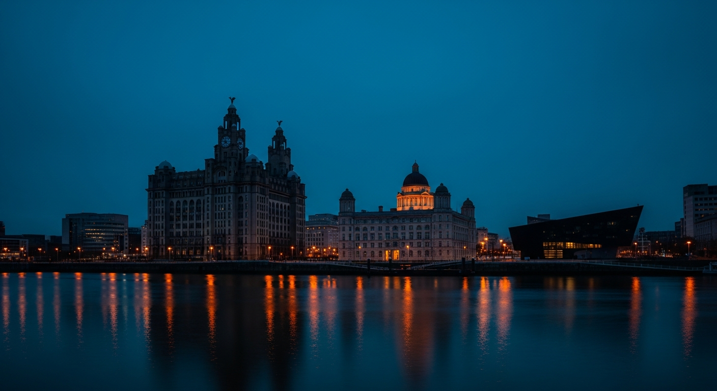 Liverpool waterfront at blue hour, Three Graces buildings