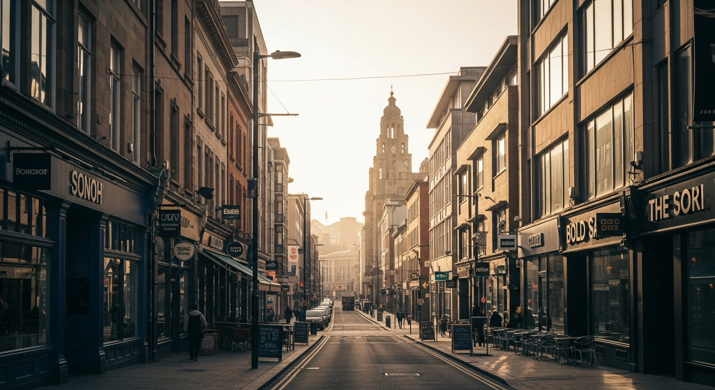 Liverpool city centre street scene with independent shops and cafes