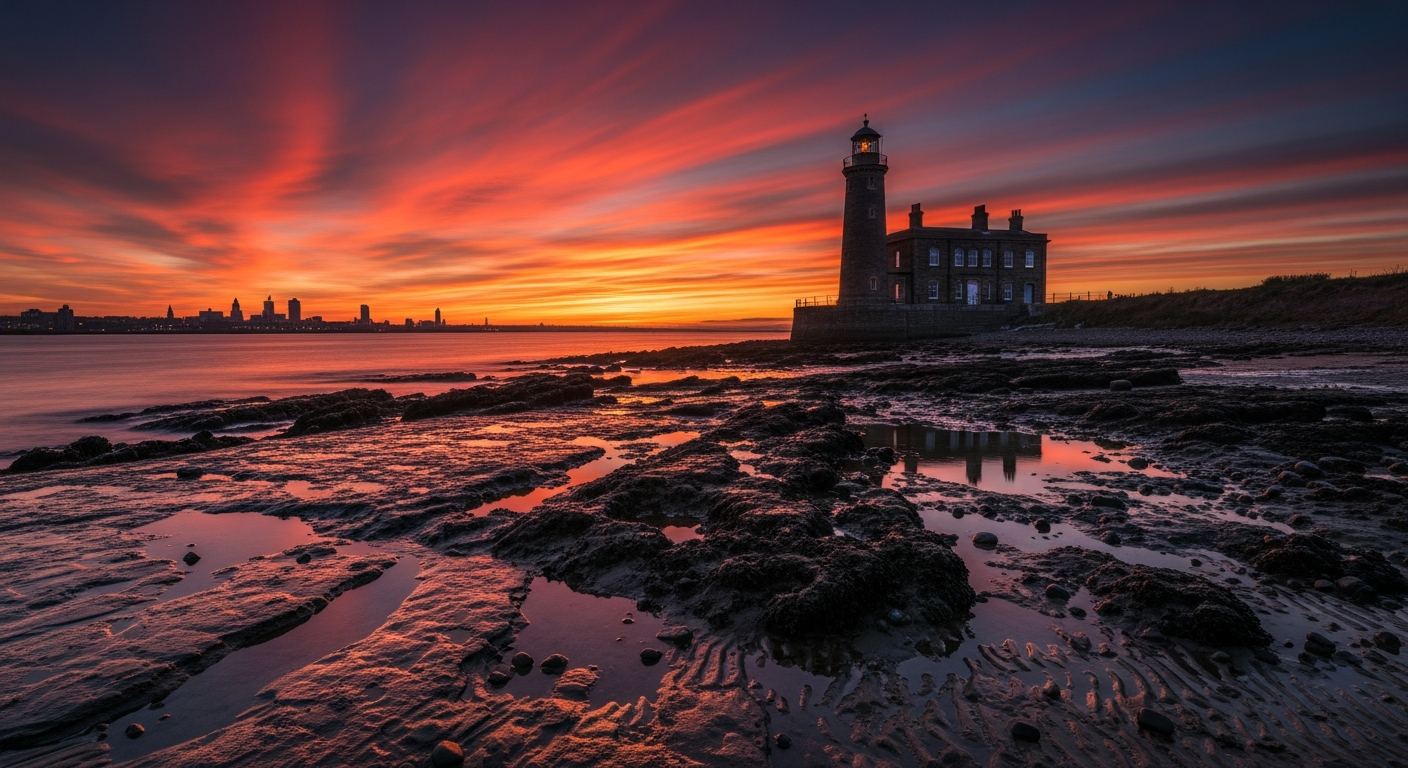 Wirral peninsula waterfront with New Brighton lighthouse and Mersey estuary