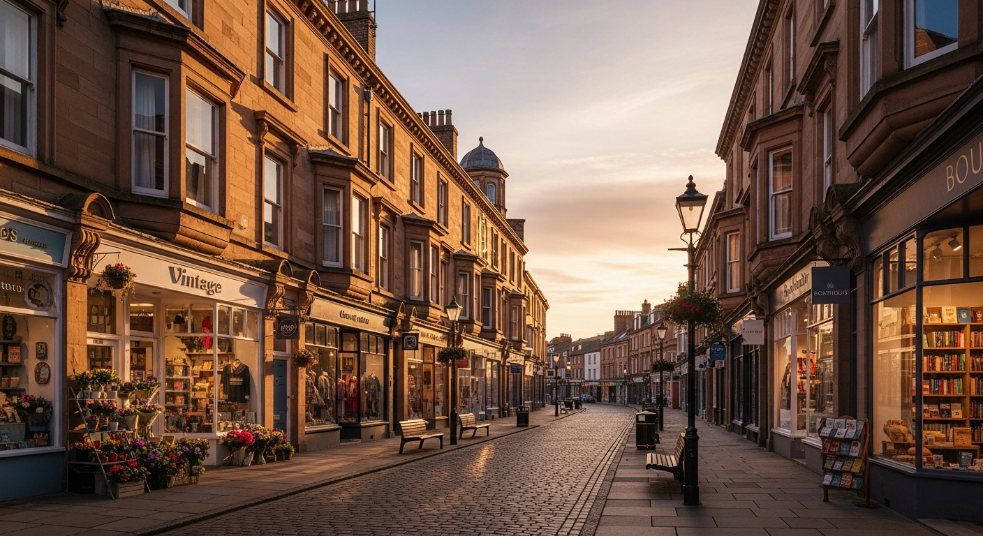 Woolton Village high street with independent traders at golden hour